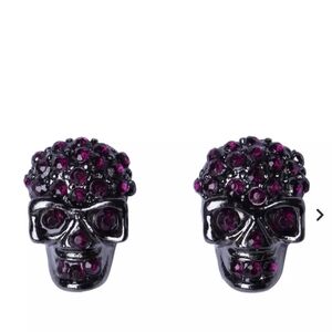 Black Skull Stud Earrings with Purple Crystal Accents
